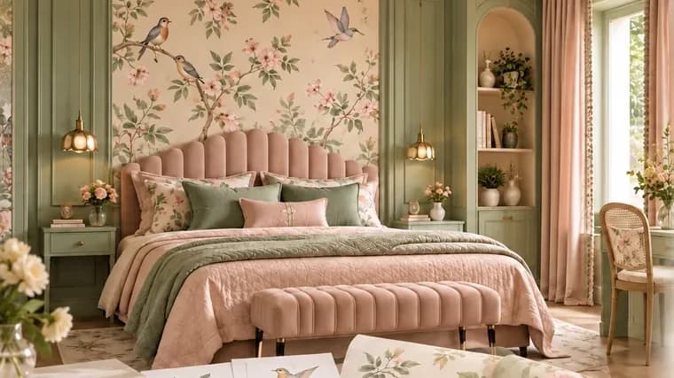 AI for Homeowners: a blush and sage bedroom with a scalloped headboard and bird wallpaper