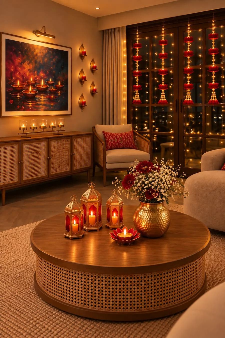 Living room at night with red lotus hangings on the windows, gold leaf wall sconces, and red lanterns on a cane coffee table