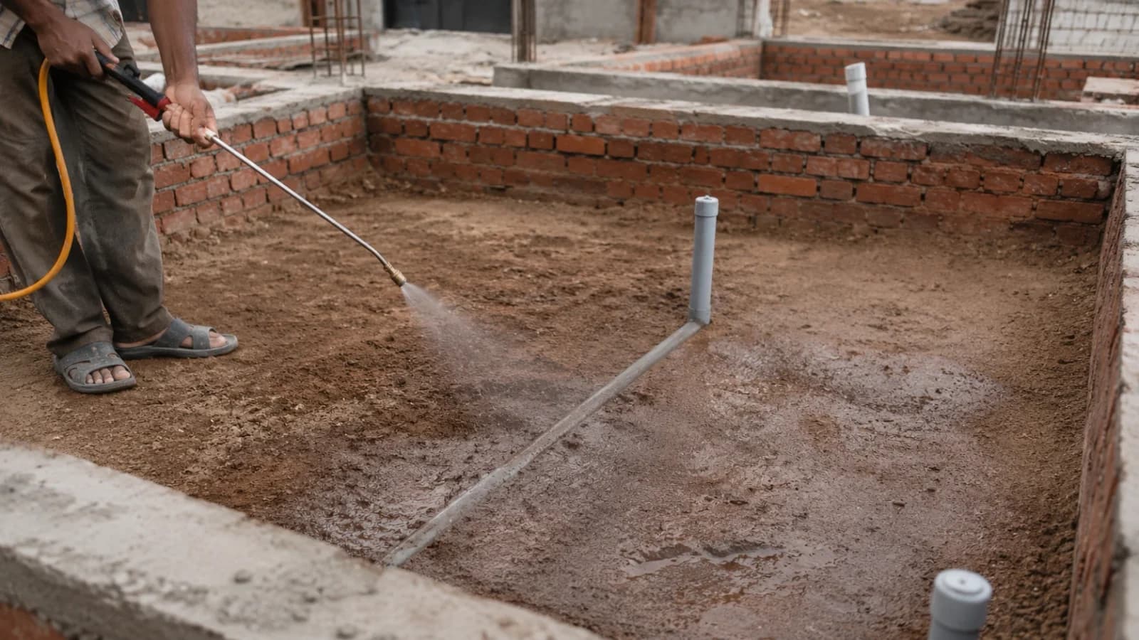 Anti-termite chemical being sprayed over plinth filling inside brick foundation walls