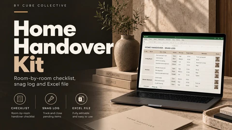 Home Handover Kit by Cube Collective: a laptop open on the handover snag log beside a printed handover booklet