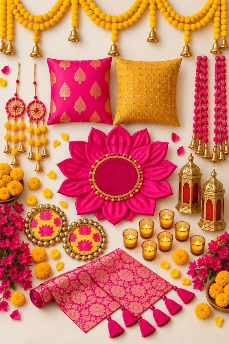 Flat lay of hot pink and yellow Diwali decor