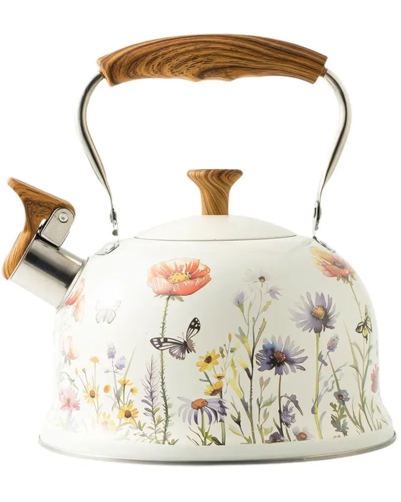 White stovetop kettle painted with wildflowers and butterflies, wood-look handle