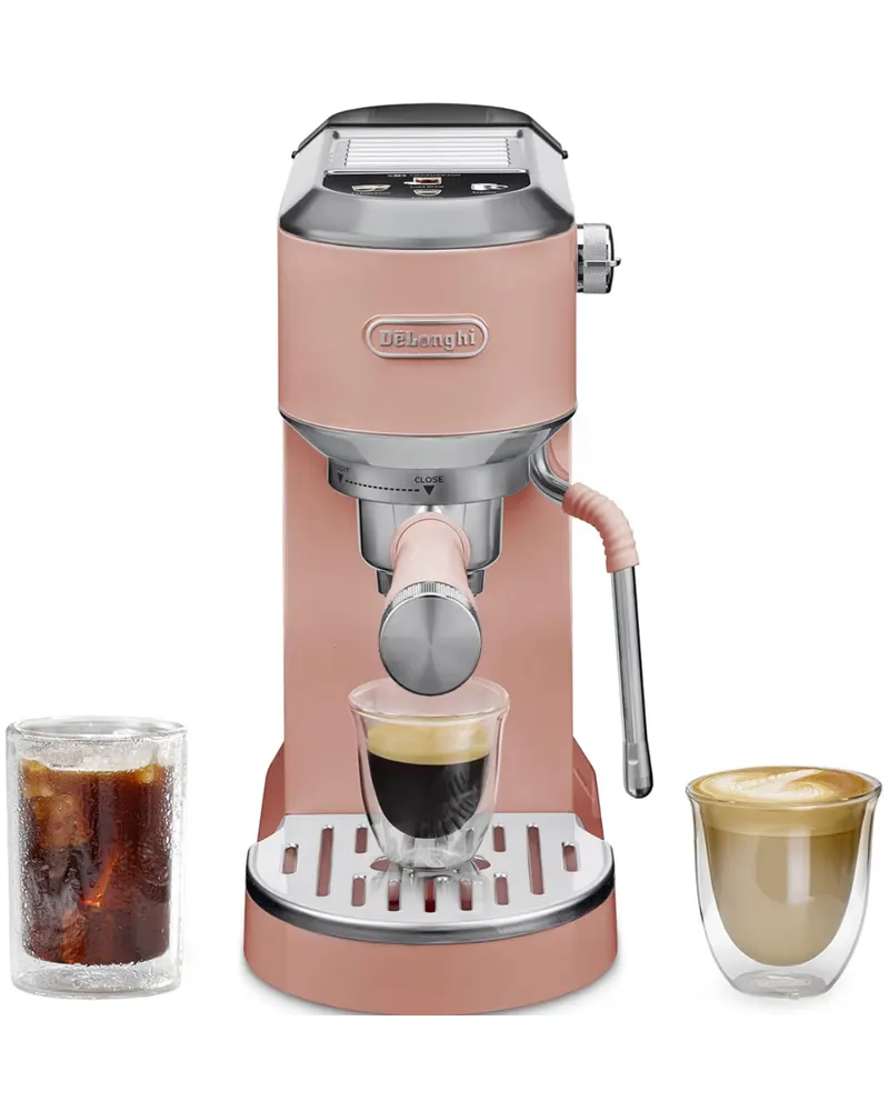 Pink De’Longhi espresso machine beside an iced coffee and a latte