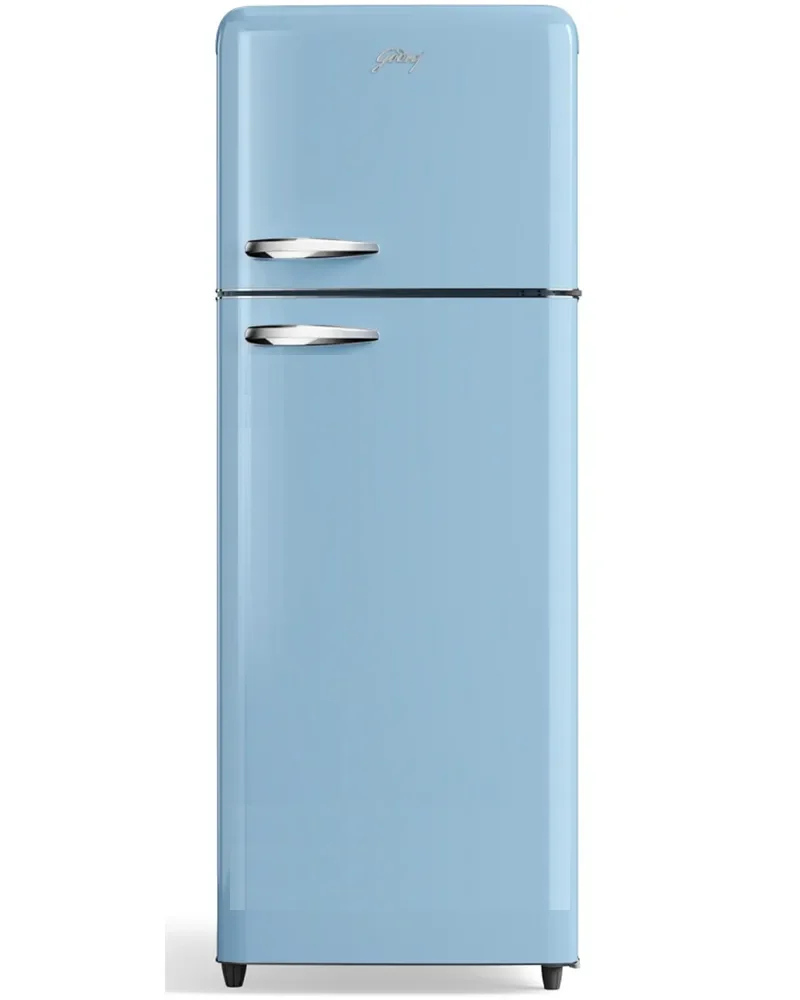 Icy blue retro-style Godrej double-door refrigerator with chrome handles