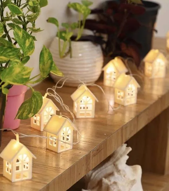 String lights shaped like tiny houses