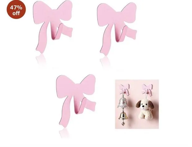 Pink bow-shaped adhesive wall hooks
