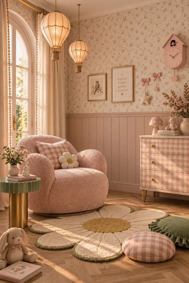 Nursery with blush panelling, a pink bouclé swivel chair, a gingham chest of drawers, hot-air-balloon lights and a daisy rug