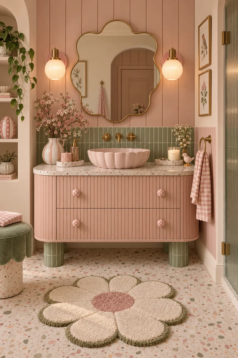 Bathroom with a fluted blush vanity, a scalloped pink basin, a sage tile splashback, a wavy gold mirror and a flower bath mat