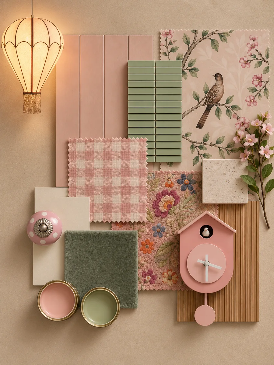 Flat lay of blush panelling, sage finger tiles, a bird chinoiserie, pink gingham, embroidered florals and a pink cuckoo clock