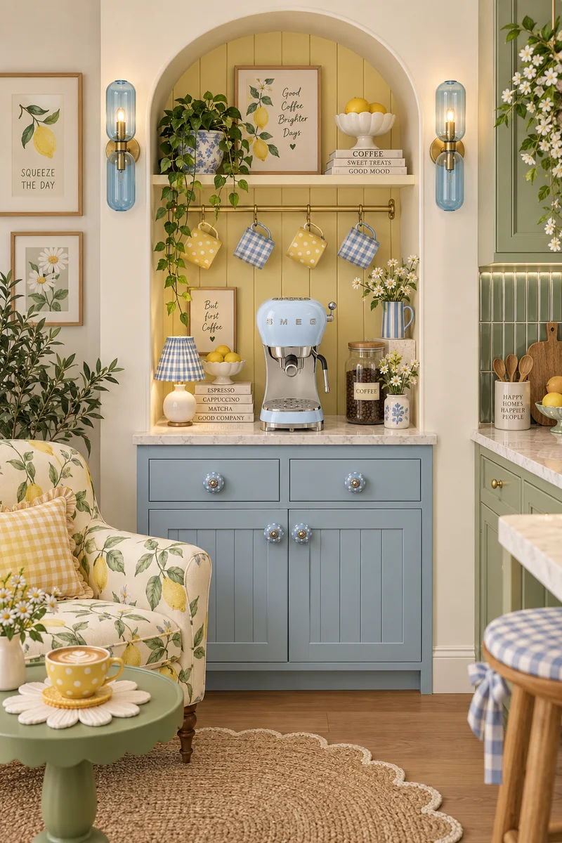Coffee nook in a butter-yellow panelled arch with a powder-blue cabinet, a pastel blue Smeg espresso machine, gingham mugs and blue glass sconces