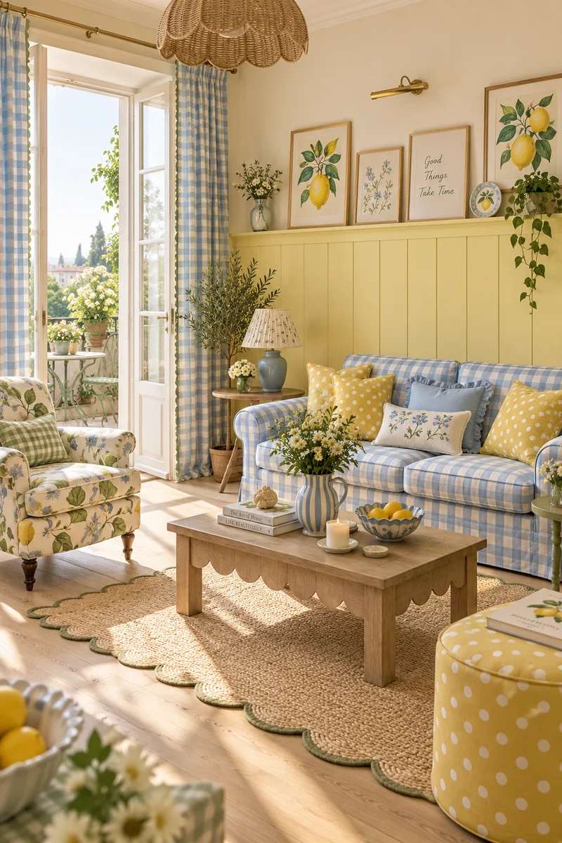 Living room with butter-yellow panelling, a blue gingham sofa, yellow polka-dot cushions and pouffe, lemon prints and a scalloped jute rug