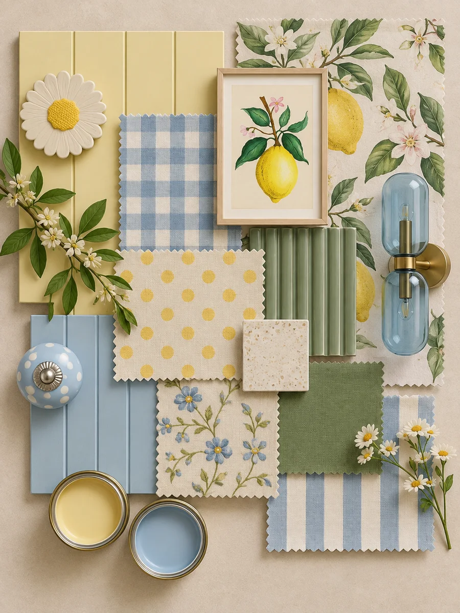 Flat lay of butter-yellow panelling, blue gingham, a lemon print, yellow polka dots, a fluted sage tile and a blue glass sconce