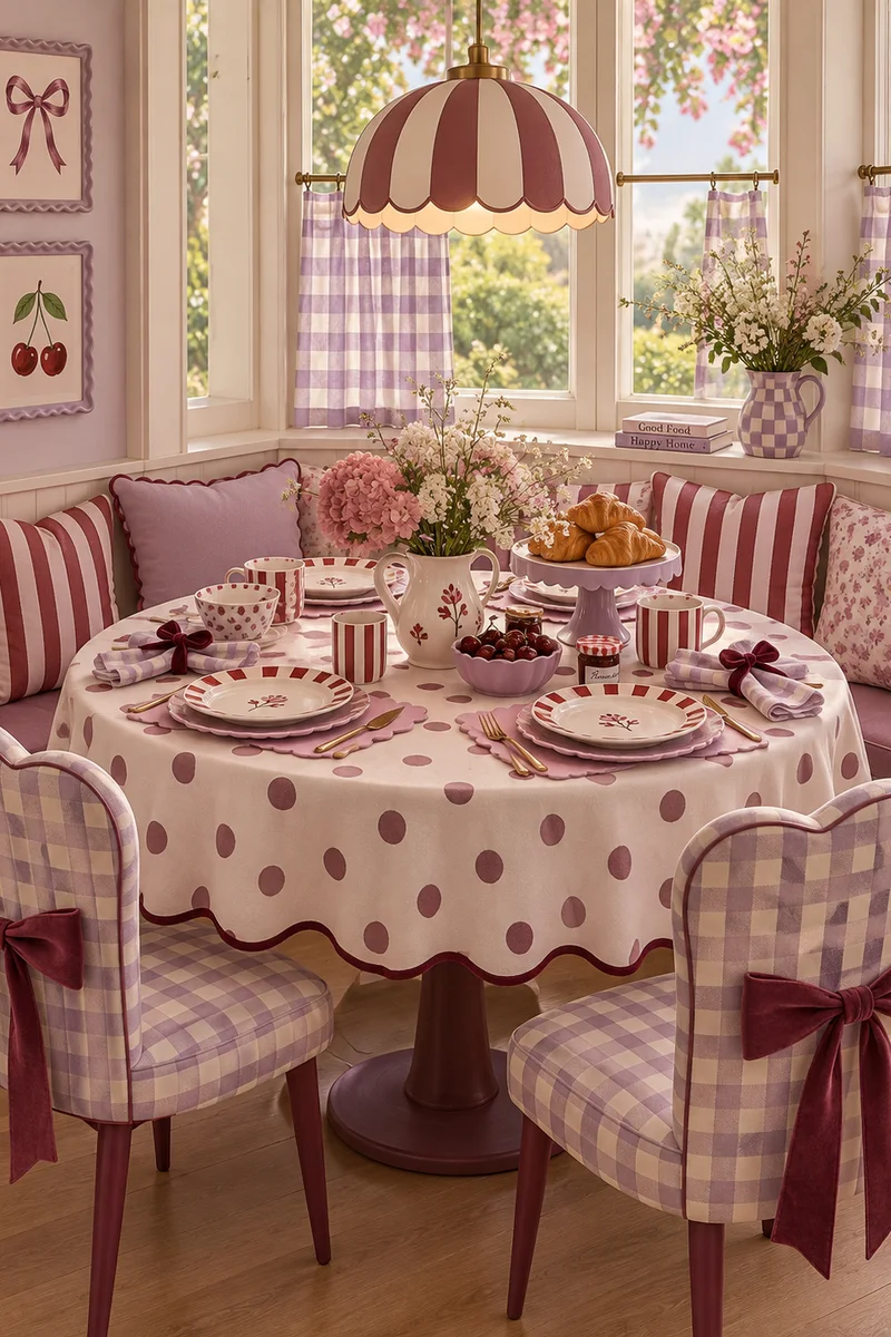 Breakfast nook with a plum polka-dot tablecloth, lilac gingham chairs tied with velvet bows, red striped cushions and a scalloped striped pendant