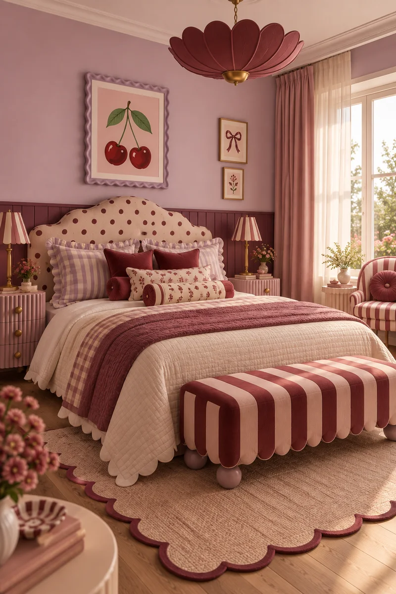 Bedroom with lilac walls, plum panelling, a polka-dot scalloped headboard, a cherry print in a wavy frame and a red striped bench