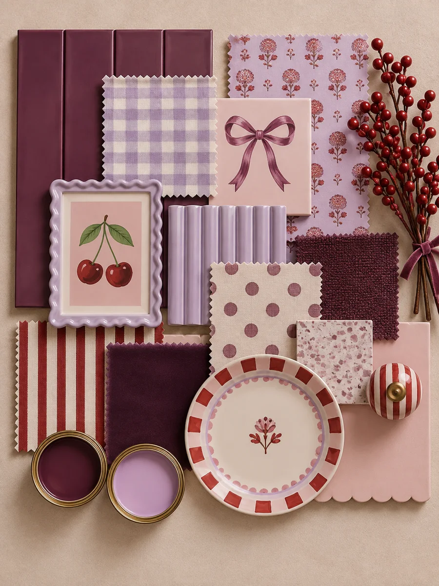 Flat lay of plum tiles, lilac gingham, a bow tile, a cherry print in a wavy lilac frame, red stripes and a striped plate