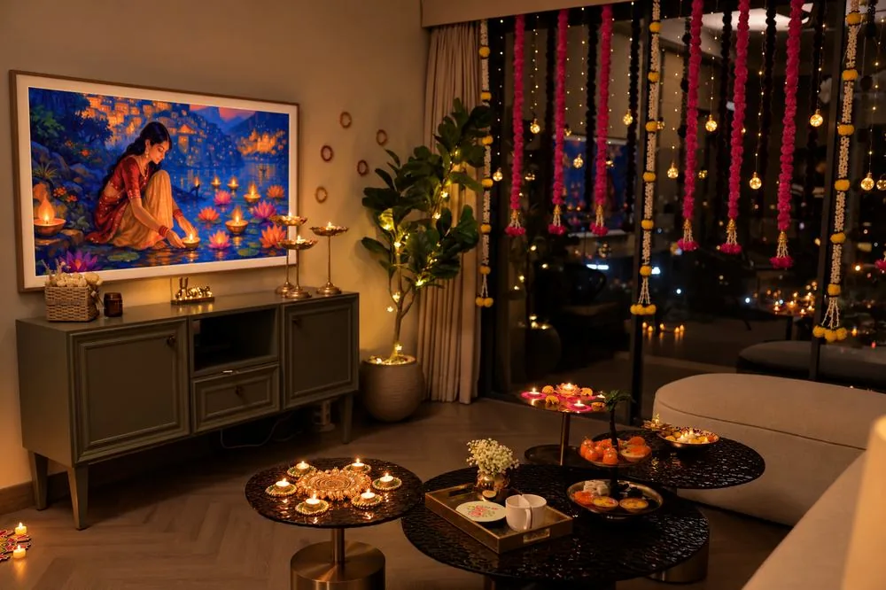 Living room at night with pink and marigold hangings, diya tables and lotus urli