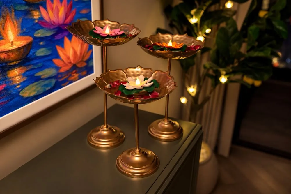 Three gold lotus stands with floating lotus candles beside a lotus painting