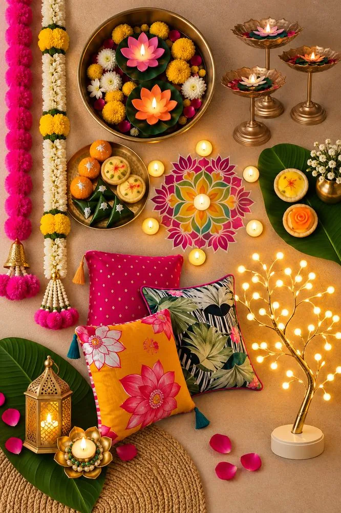 Flat lay of pink and marigold garlands, urli, lotus candles, cushions and the LED tree lamp