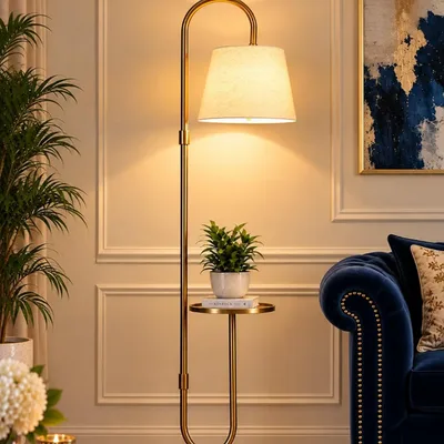 Floor lamp with shelf, antique brass