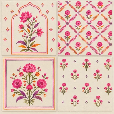 Mughal floral prints, set of 4