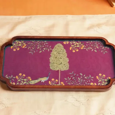 Pichwai-print wooden tray