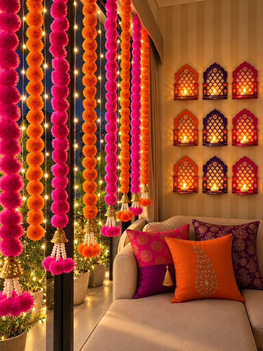 Balcony nook at night with hot pink and orange pom-pom hangings, jharokha tealight holders and silk cushions