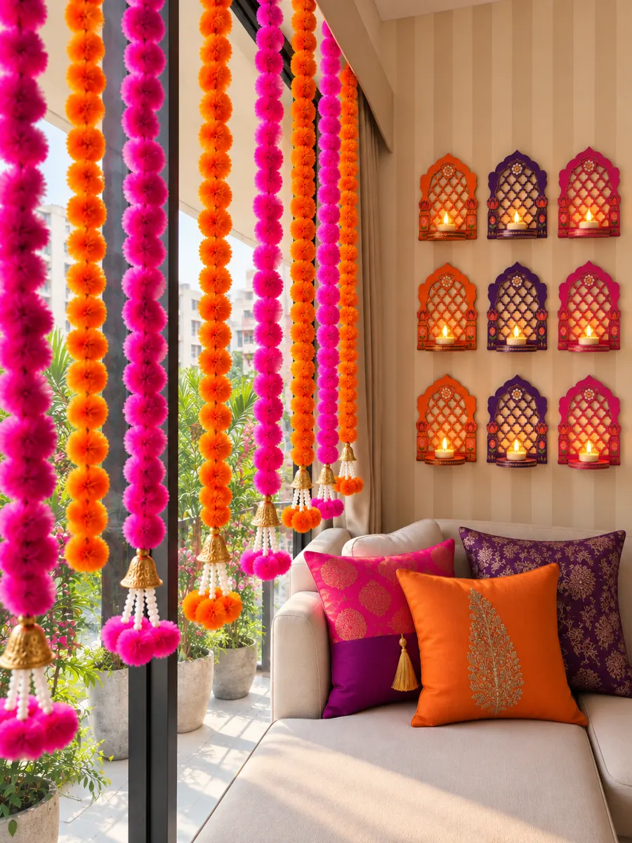 The same balcony nook by day, pink and orange hangings ending in gold bells