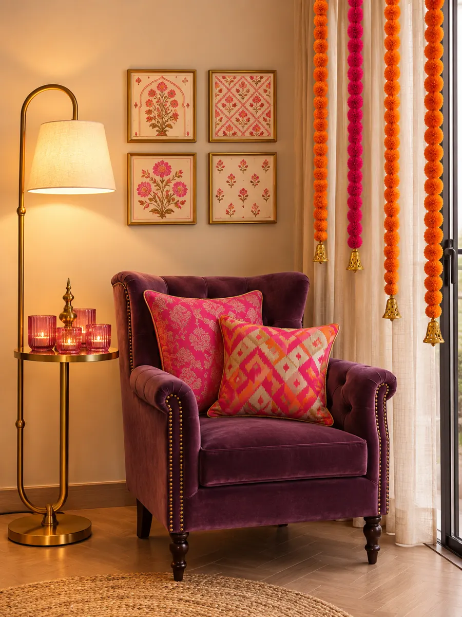 Plum velvet armchair with pink brocade and ikat cushions, gold-framed floral prints and an arc floor lamp