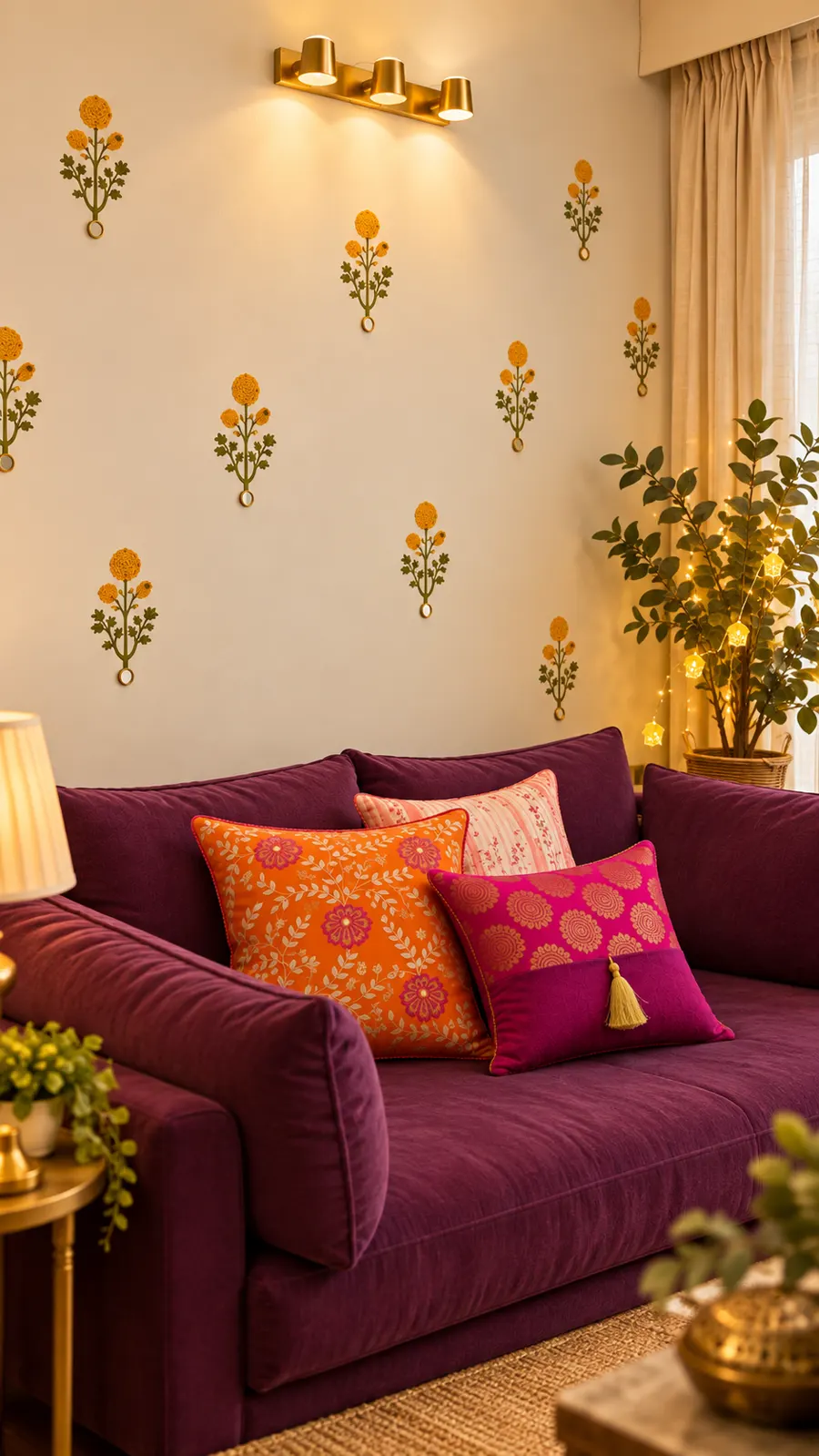 Plum sofa against a wall of marigold motifs, with orange, pink and blush cushions
