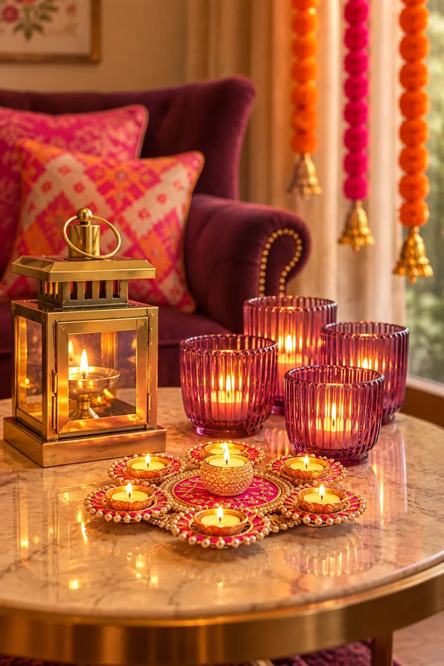 Marble coffee table with a gold lantern, pink fluted tealight holders and a beaded diya set