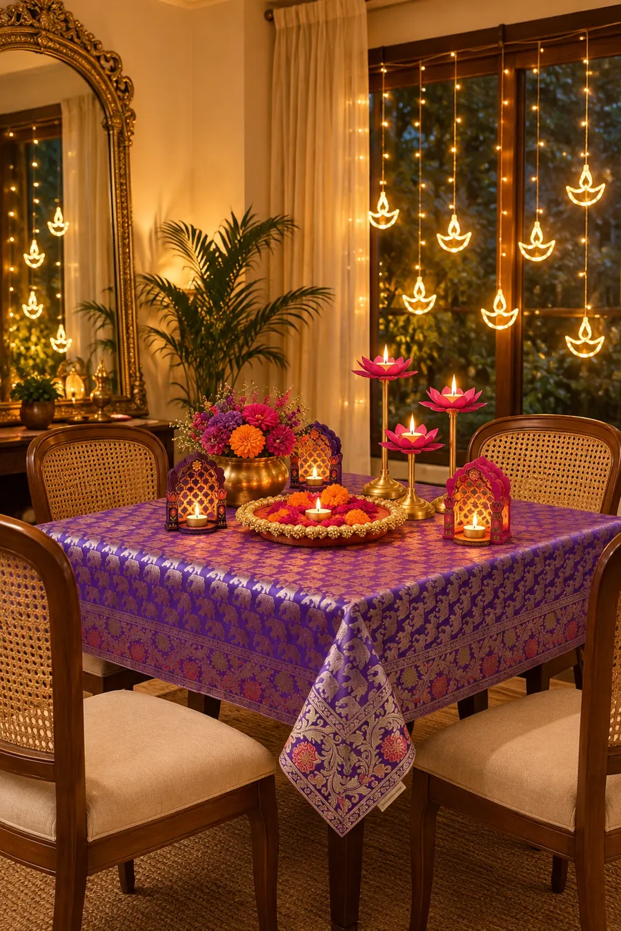 Dining table in a purple Banarasi cover with jharokha tealights, lotus stands and a brass vase of flowers