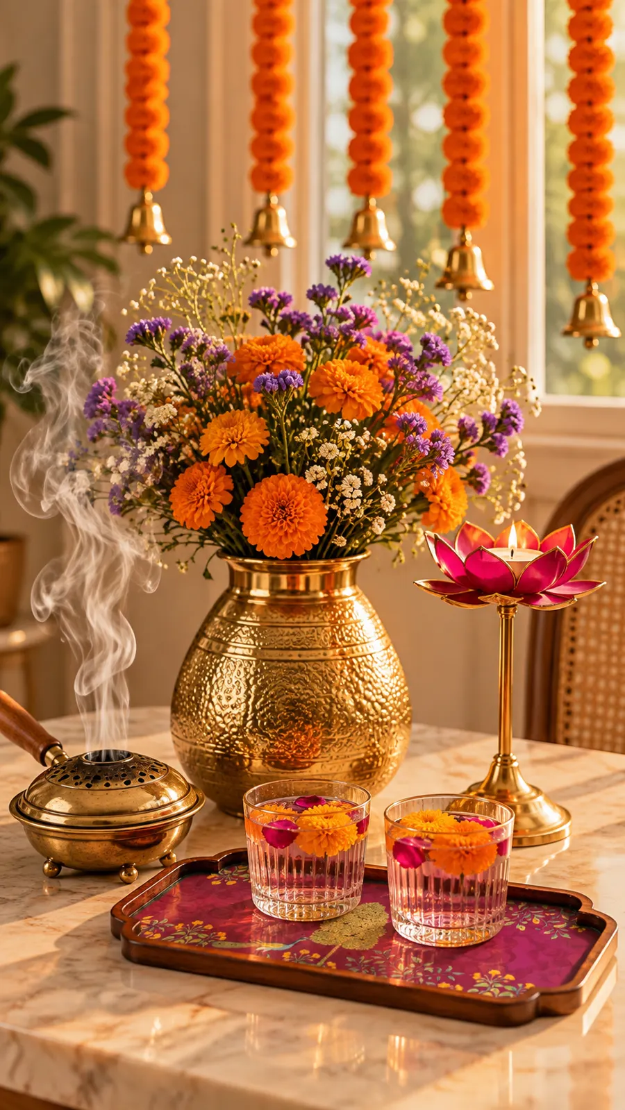 Hammered brass vase of marigolds and statice, a pink lotus tealight stand and a pichwai-print tray