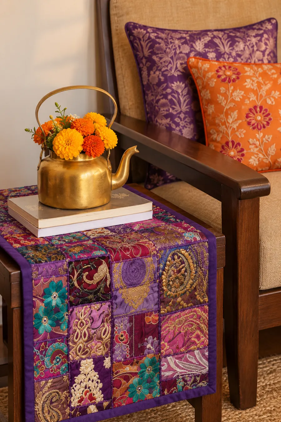 Side table with a purple patchwork runner and a brass kettle of marigolds beside purple and orange cushions