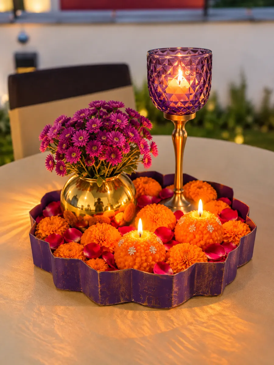 Purple scalloped tray of marigolds and rose petals with marigold candles and a purple glass candle stand