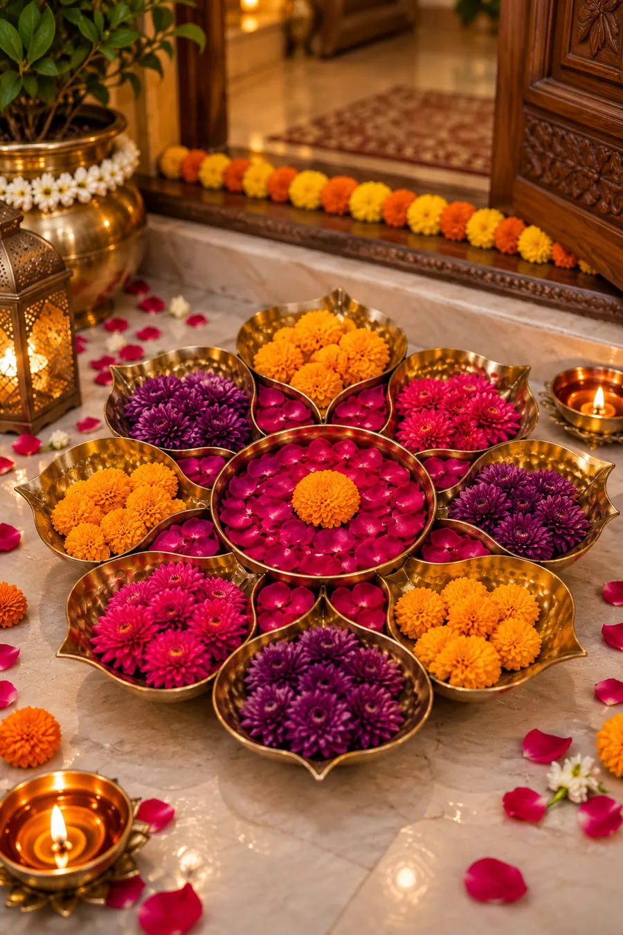 Brass petal-bowl urli at the entrance filled with marigolds, purple and pink chrysanthemums