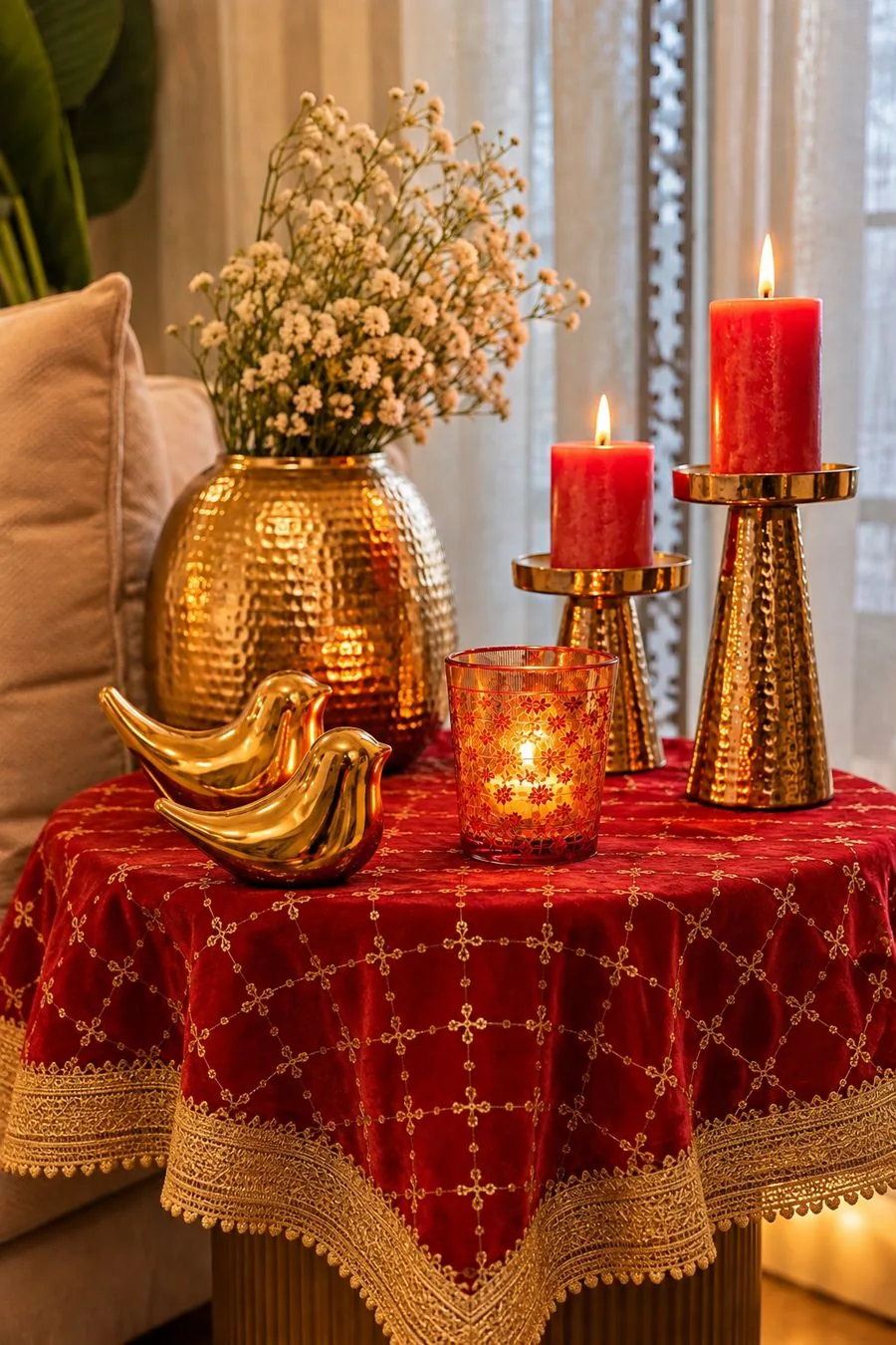 Side table in a red velvet thaalposh with a hammered gold vase, a red and gold glass votive and pillar candles