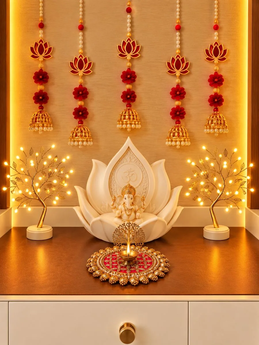 Mandir corner with red lotus hangings, a white lotus Ganesha and a beaded gold rangoli plate under a diya