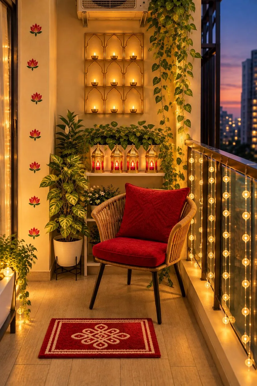Balcony nook with lotus wall stickers, a wall tealight panel, red lanterns and a red cushioned chair