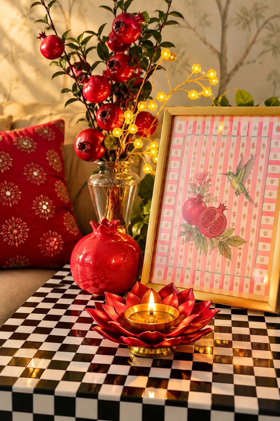 Brass lotus diya on a checkered table with a pomegranate vase and a red embroidered cushion