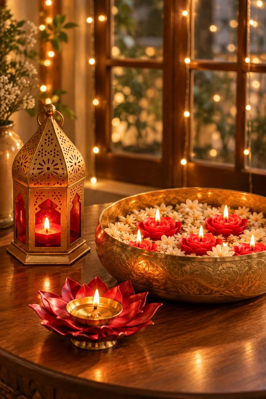 Brass urli with floating rose candles, a red glass lantern and a brass lotus diya