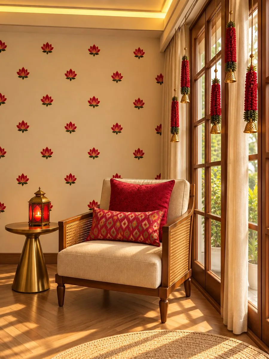 Cane armchair against a lotus-stickered wall, red gajra bell hangings at the window and a red lantern