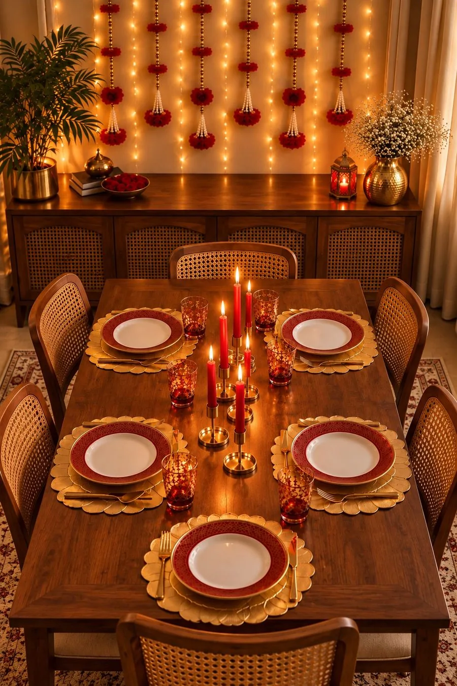 Dining table set with red rim plates on gold flower placemats, red and gold glasses and red taper candles
