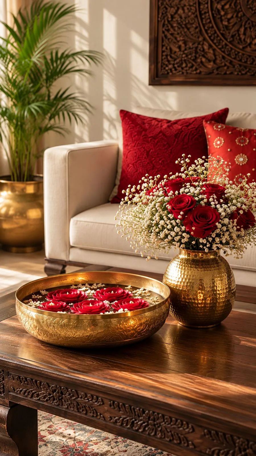 Brass urli of floating rose candles beside a hammered gold vase of roses and gypsophila