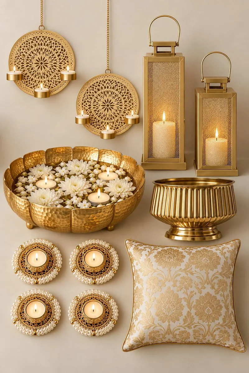 Flat lay of gold tealight wall plates, mesh lanterns, hammered urli, fluted planter, pearl tealight holders and brocade cushion
