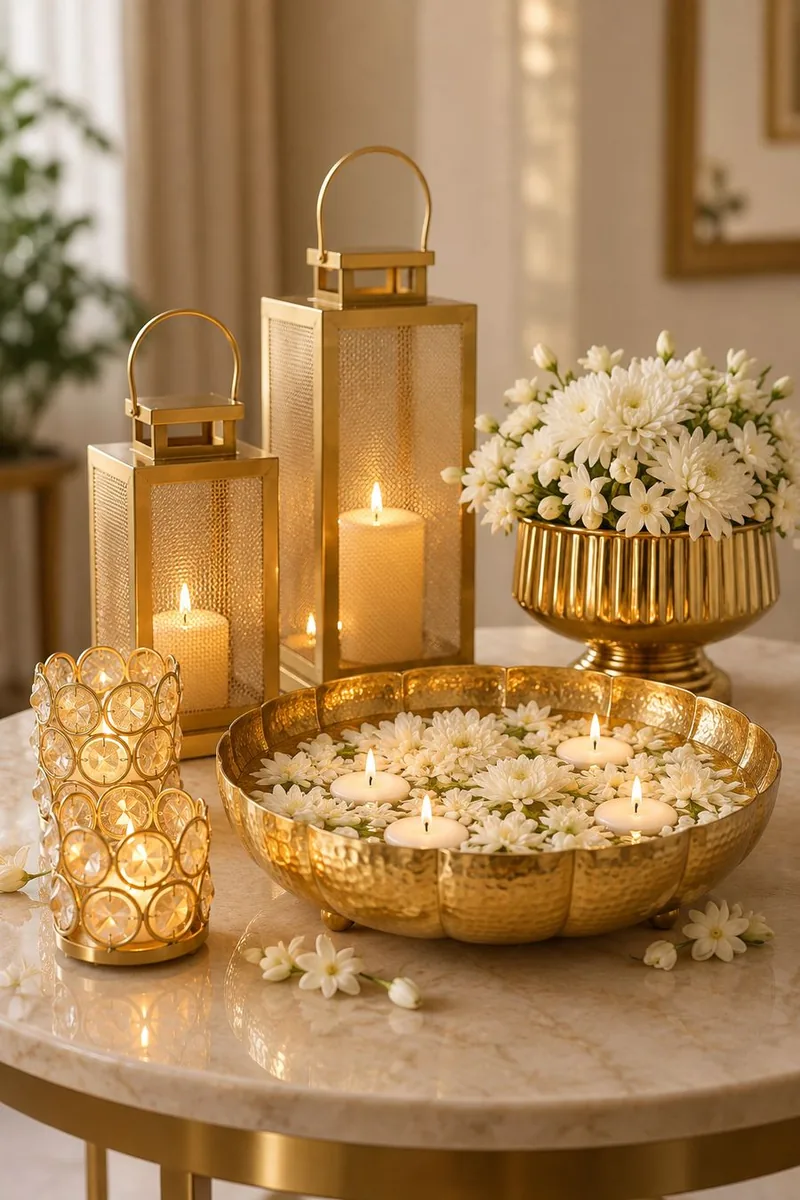 Gold lanterns, crystal tealight holders and a hammered urli with floating candles on a marble side table