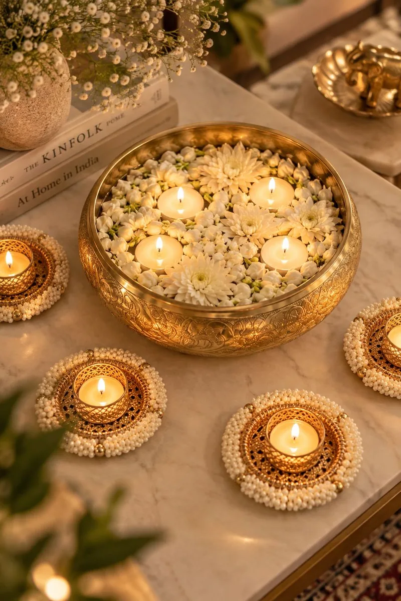 Engraved brass urli with white flowers and floating candles, surrounded by pearl tealight holders