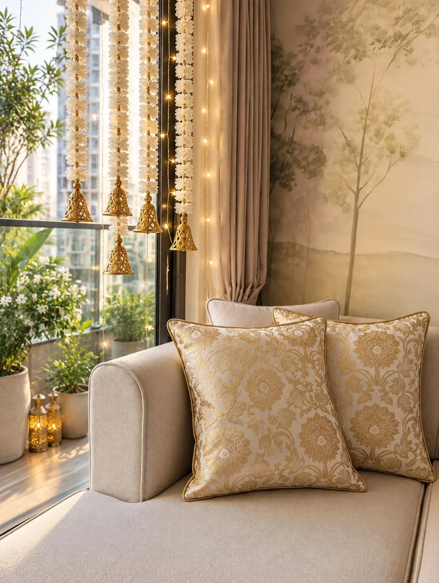 Gold brocade cushions on a cream sofa with white floral hangings and gold bells by the window