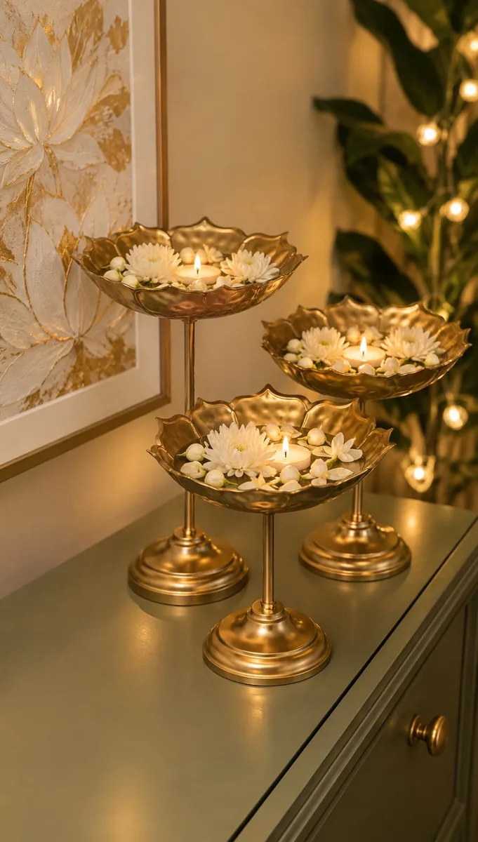 Three gold lotus bowls on stands with flowers and tealights on a sage console