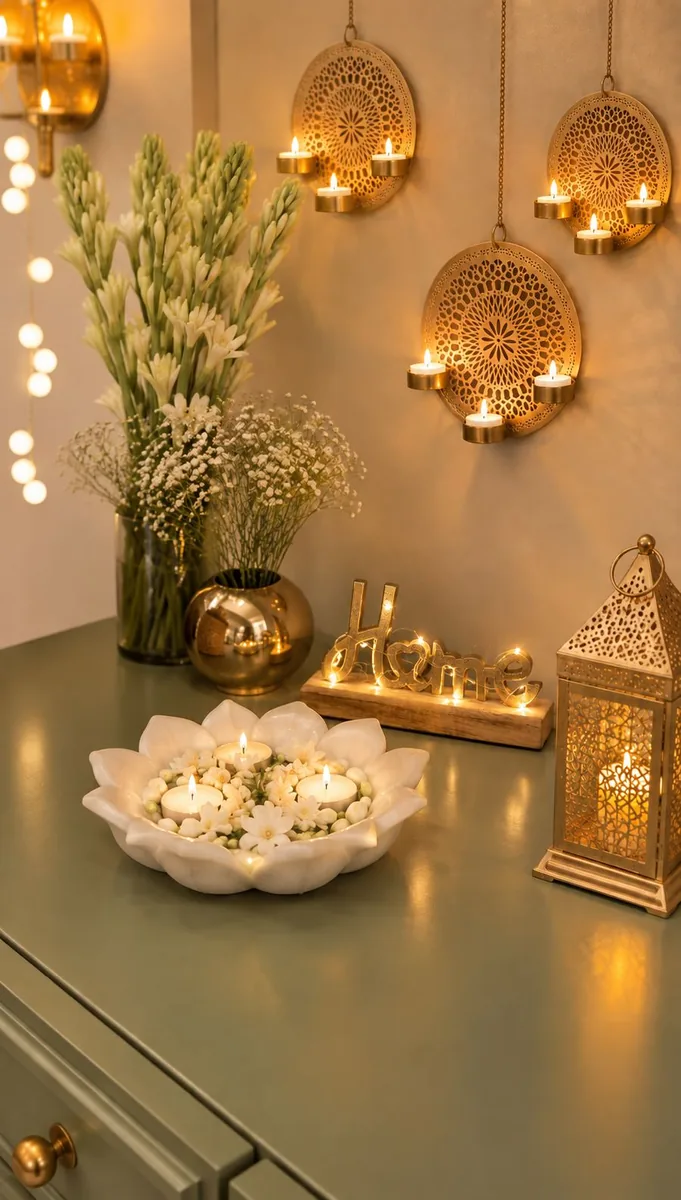 Gold jaali tealight wall plates above a white lotus urli, tuberose vase, Home sign and gold lantern