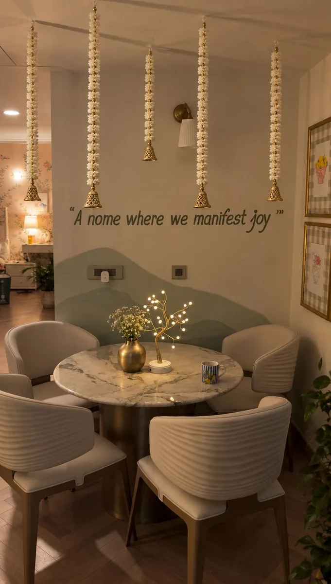 Dining nook with white floral hangings ending in gold bells above a marble table
